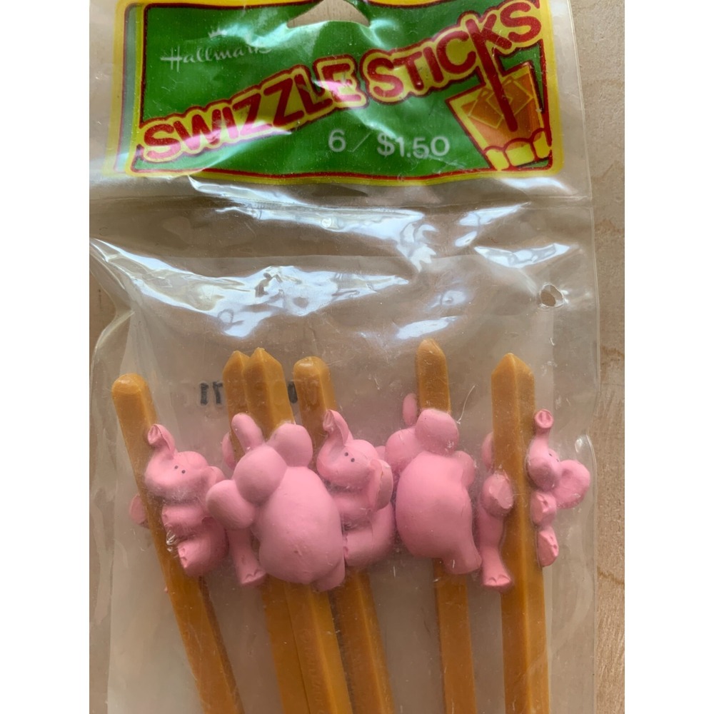 Vtg Hallmark Pink Elephant Swizzle Sticks Bag of 6 NIP Hong Kong Plastic Cute!